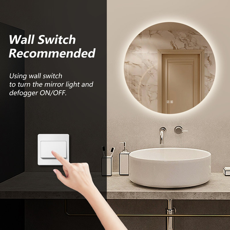 Orren Ellis Round Frameless Lighted Bathroom/Vanity Mirror Dimmable